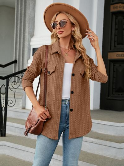 Textured Button Up Dropped Shoulder Shirt Caramel