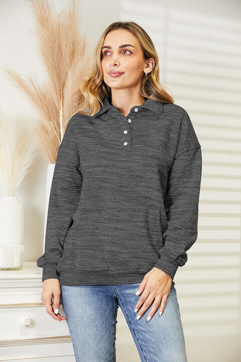 Ninexis Full Size Quarter-Button Collared Sweatshirt Charcoal