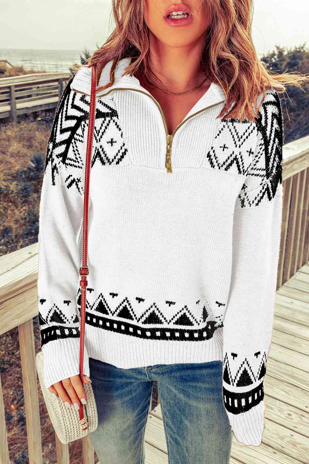 Zip-Up Mock Neck Dropped Shoulder Pullover Sweater White