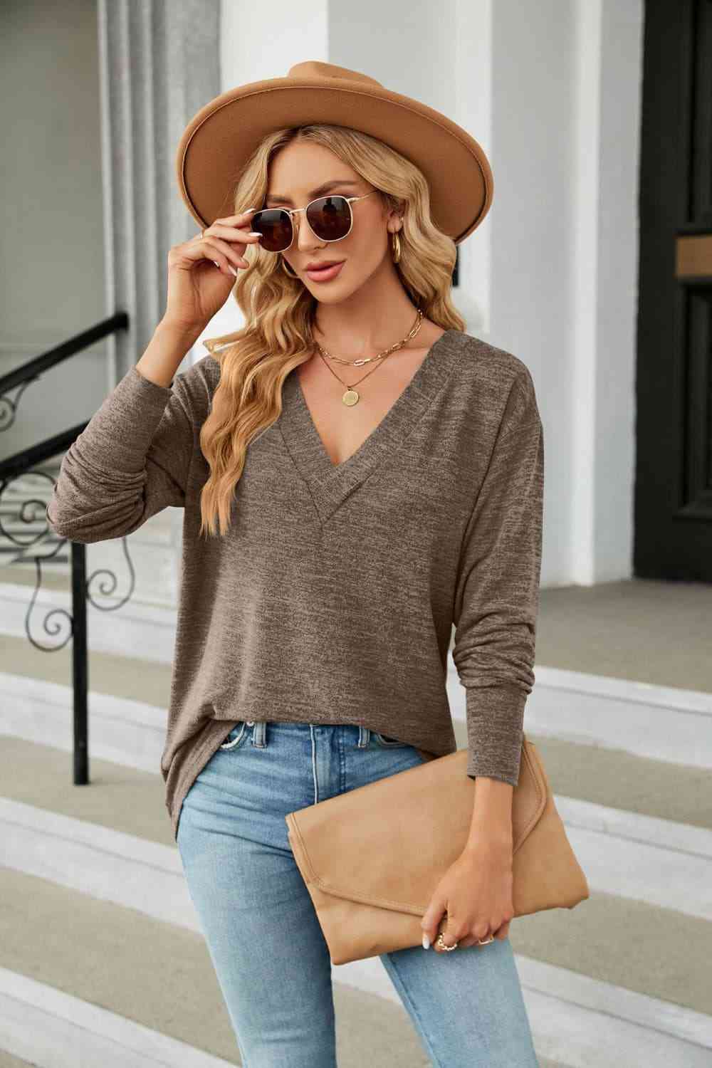 V-Neck Long Sleeve T-Shirt Coffee Brown