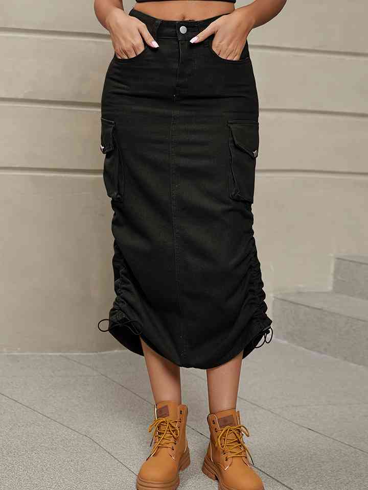 Drawstring Denim Skirt with Pockets Black