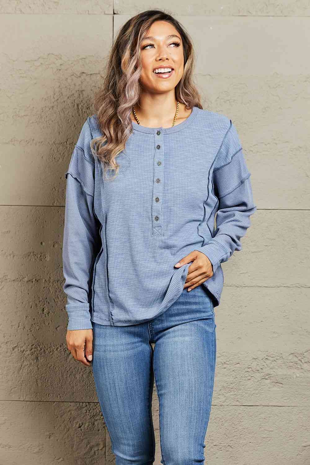 HEYSON Understand me Full Size Oversized Henley Top Misty Blue