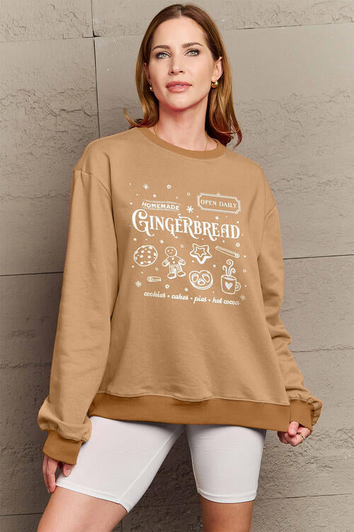 Simply Love Full Size GINGERBREAD Long Sleeve Sweatshirt Camel