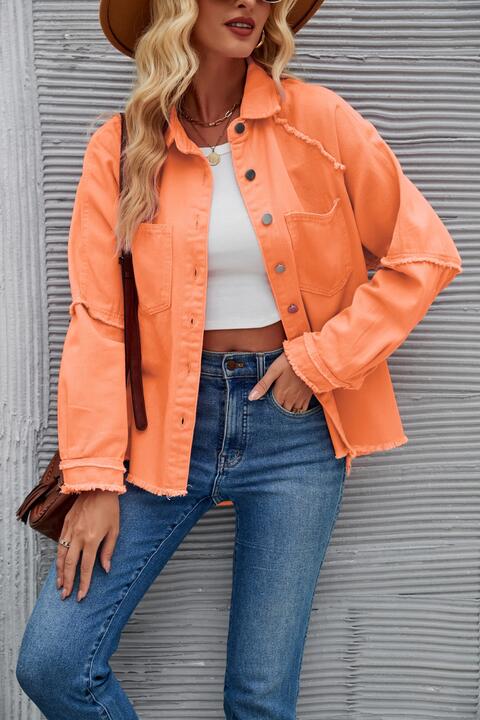 Raw Hem Collared Denim Jacket Pumpkin