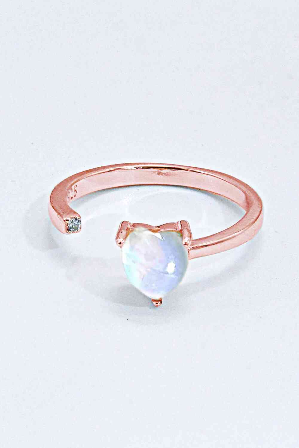 Inlaid Moonstone Heart Adjustable Open Ring Rose Gold One Size