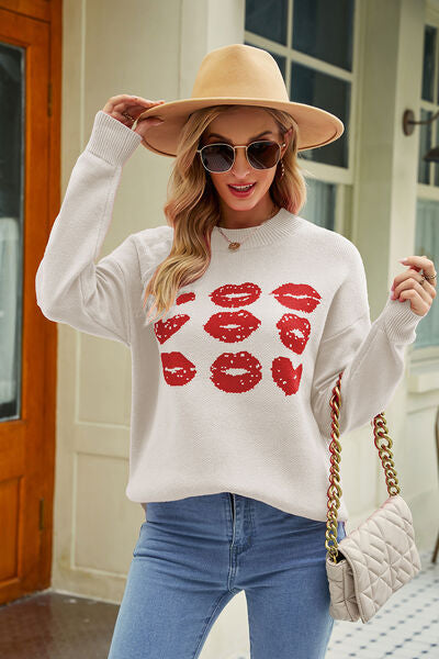 Contrast Lip Pattern Round Neck Slit Sweater White