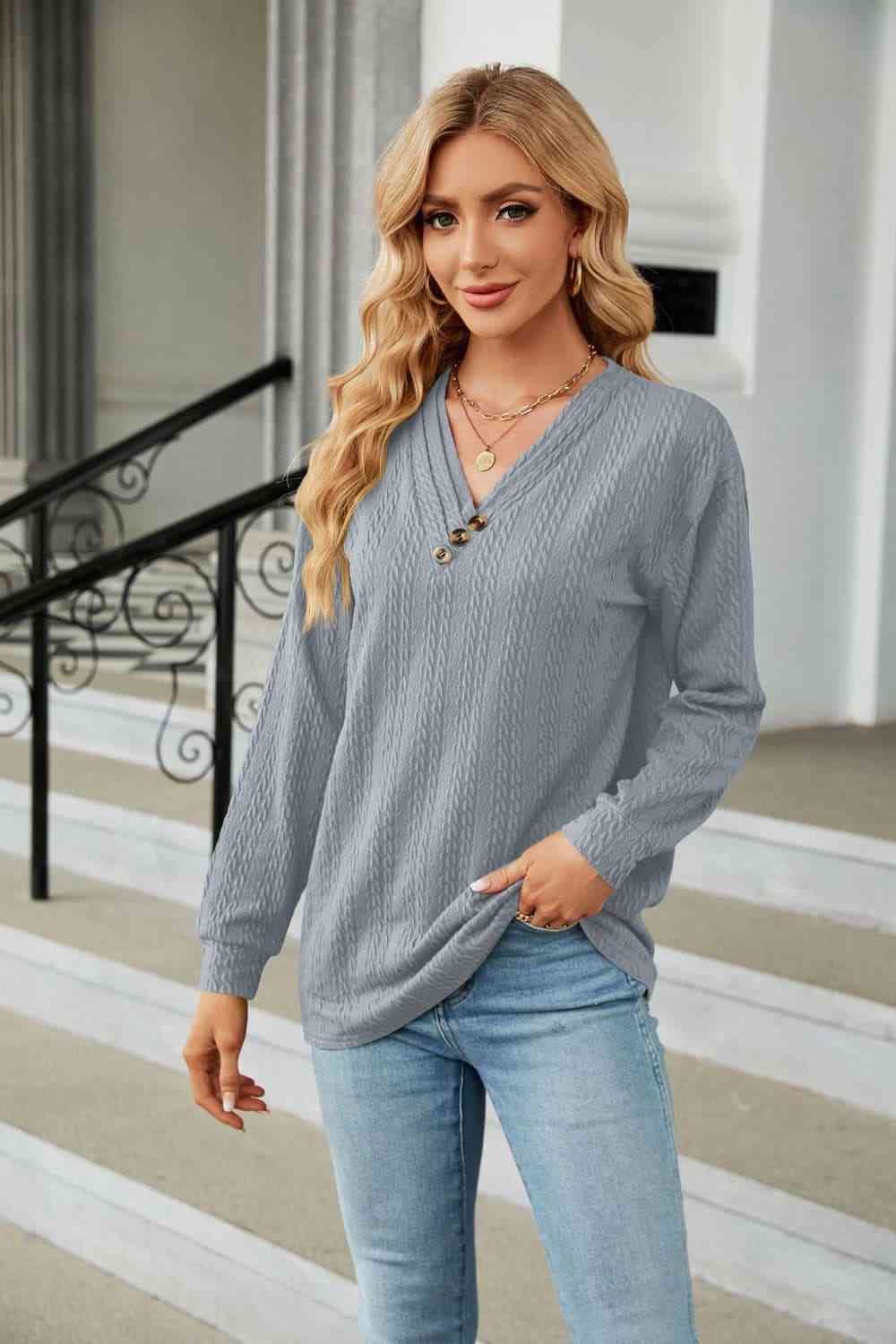 Decorative Button V-Neck Long Sleeve T-Shirt Cloudy Blue