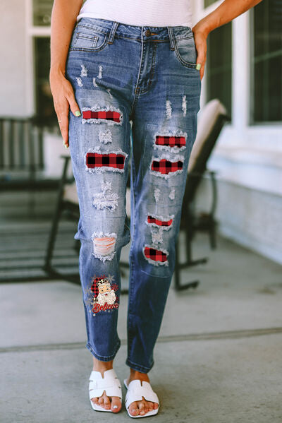 Plaid Distressed Jeans with Pockets Medium