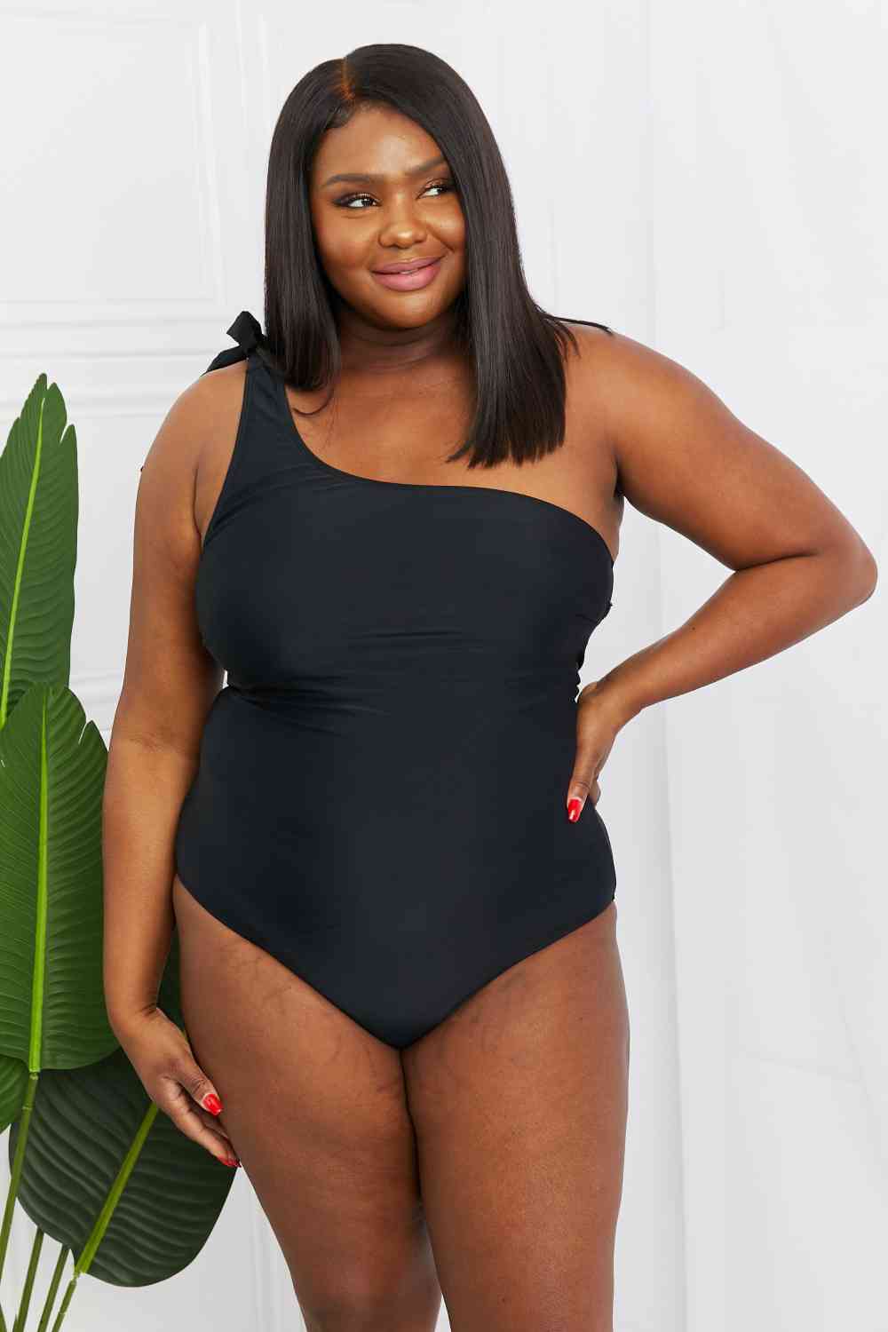 Marina West Swim Deep End One-Shoulder One-Piece Swimsuit in Black Black