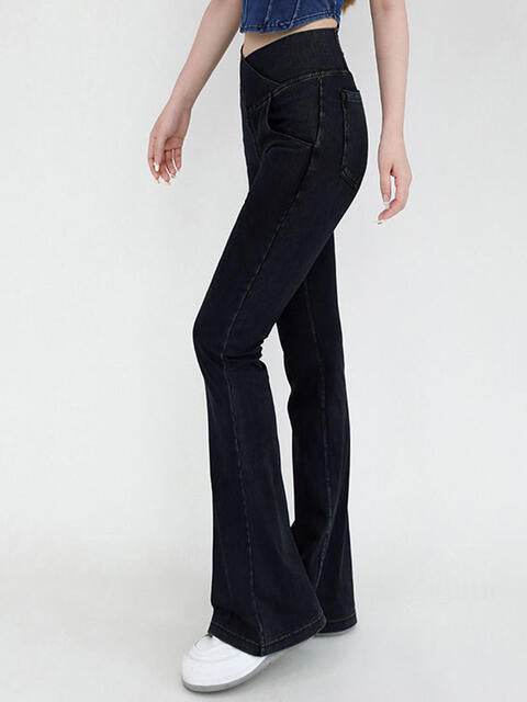 Wide Waistband Bootcut Jeans with Pockets Black