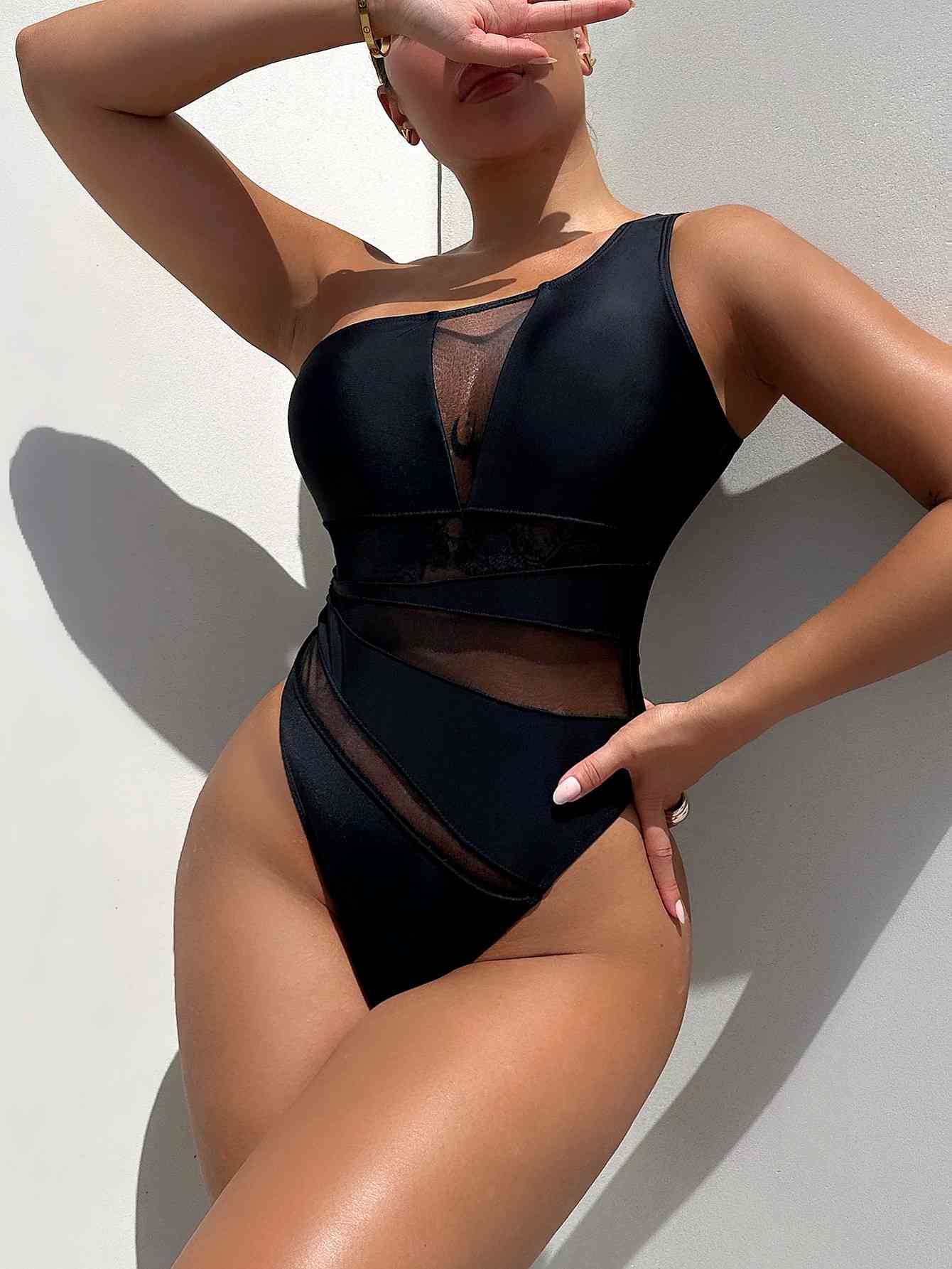 One-Shoulder Sleeveless One-Piece Swimsuit Black