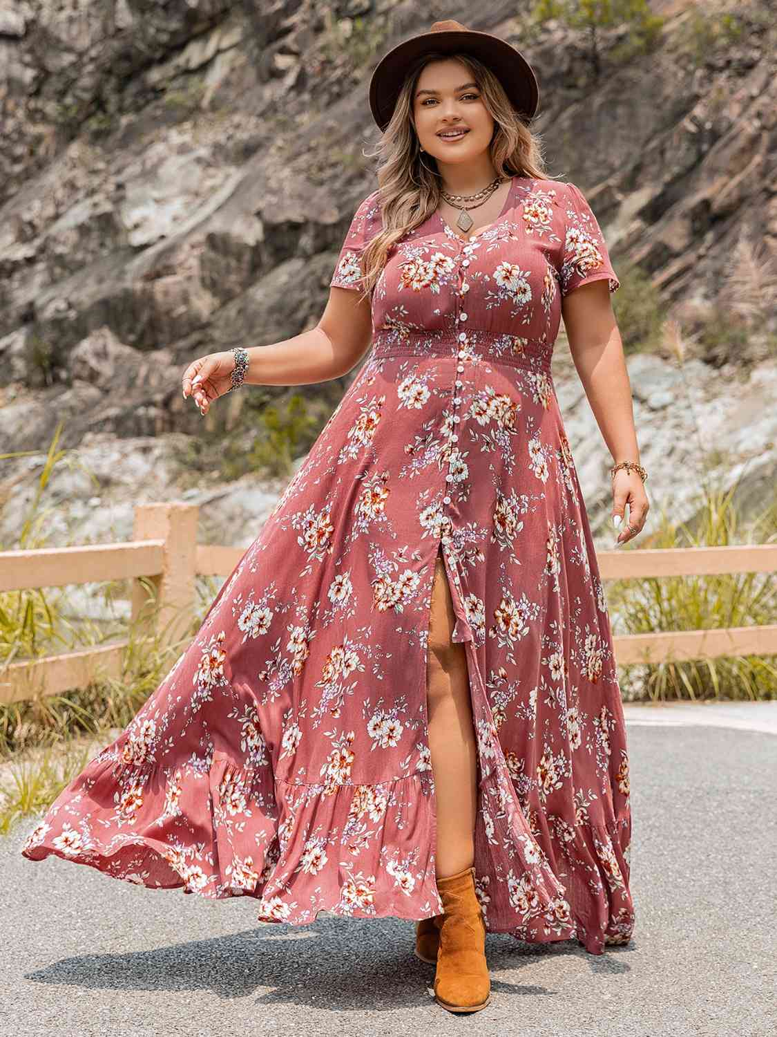 Plus Size Floral Slit Ruffle Hem Dress Burnt Coral