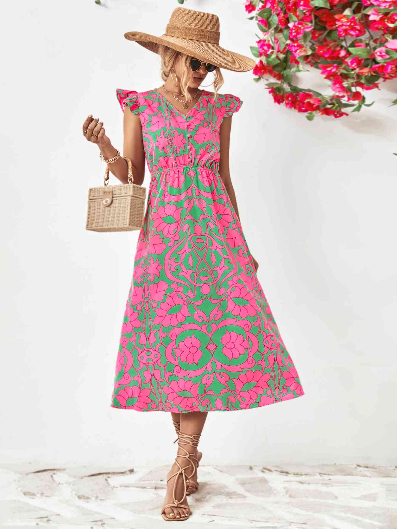 Floral V-Neck Cap Sleeve Dress Mid Green