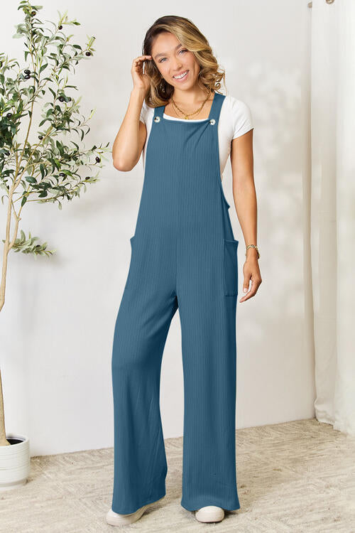 Double Take Full Size Wide Strap Overall with Pockets French Blue