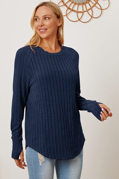 Basic Bae Full Size Ribbed Thumbhole Sleeve T-Shirt Peacock Blue