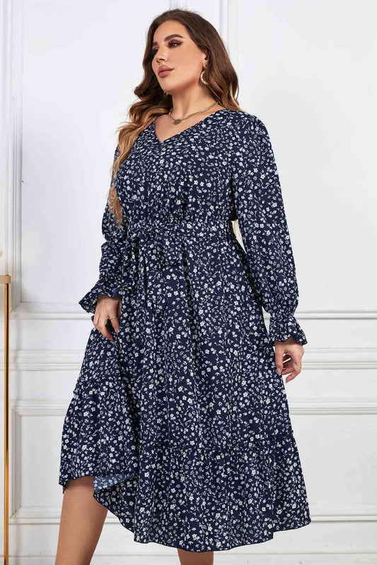 Melo Apparel Plus Size Floral Print V-Neck Flounce Sleeve Midi Dress Royal Blue