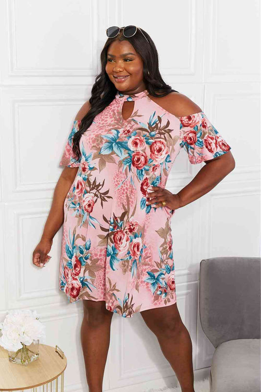 Sew In Love Full Size Fresh-Cut Flowers Cold-Shoulder Dress Dusty Pink