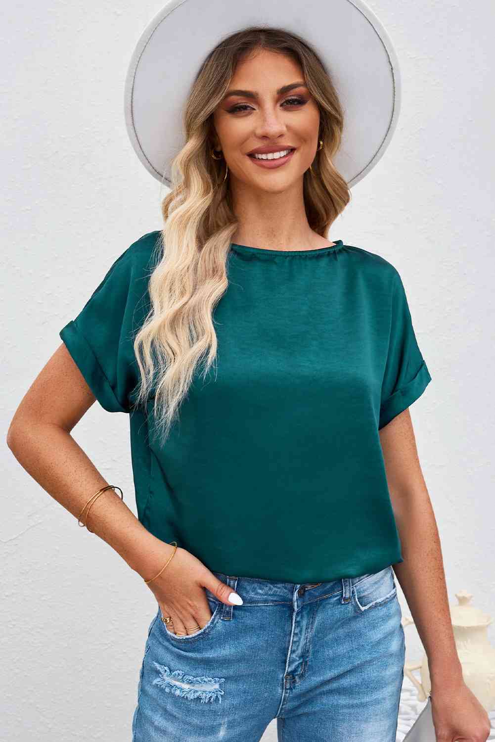 Round Neck Cuffed Sleeve Top Deep Teal