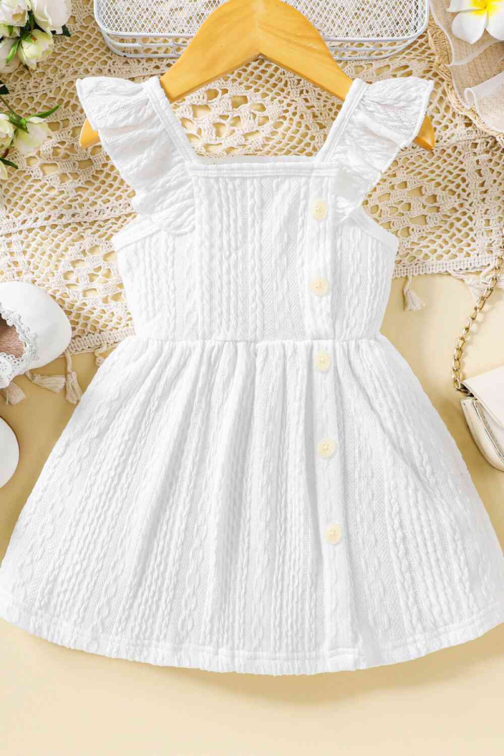 Baby Girl Decorative Button Ruffle Shoulder Textured Dress White