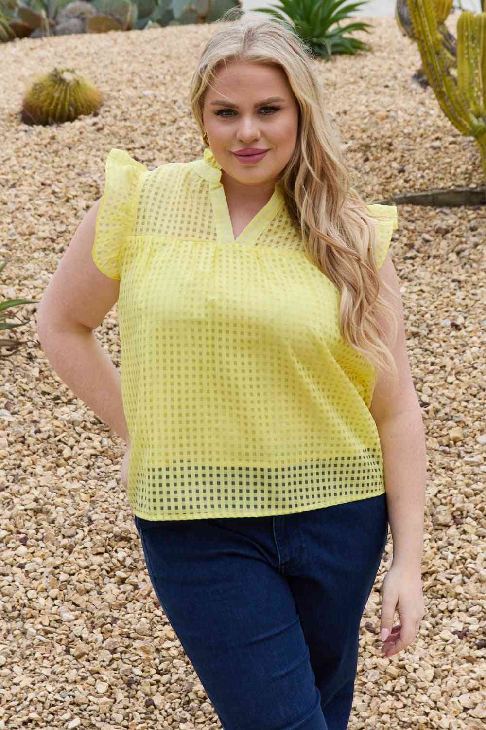 And The Why Full Size Ruffle Sleeve Grid Babydoll Top Banana Yellow