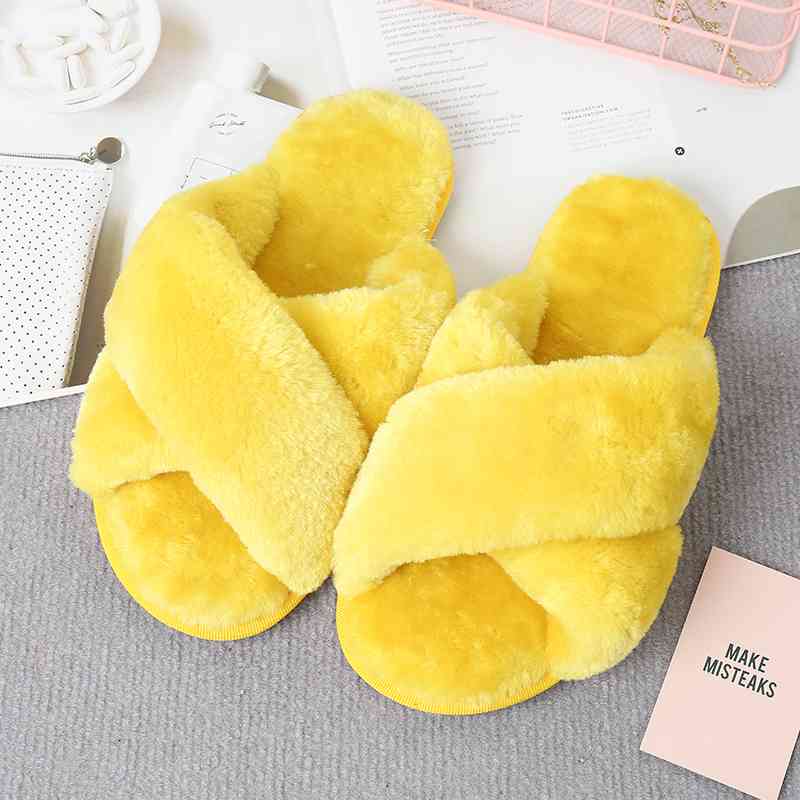 Faux Fur Crisscross Strap Slippers Banana Yellow