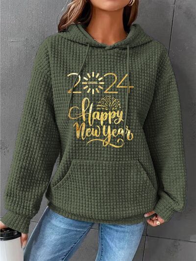 Full Size 2024 HAPPY NEW YEAR Waffle-Knit Hoodie Army Green