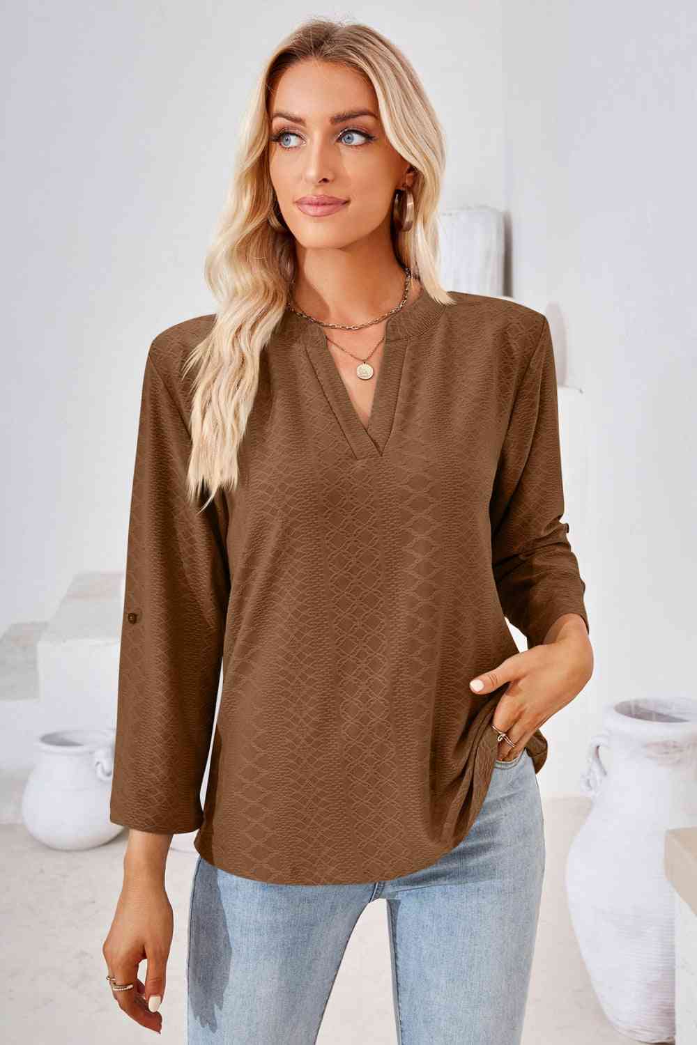 V-Neck Roll-Tap Sleeve Blouse Chestnut