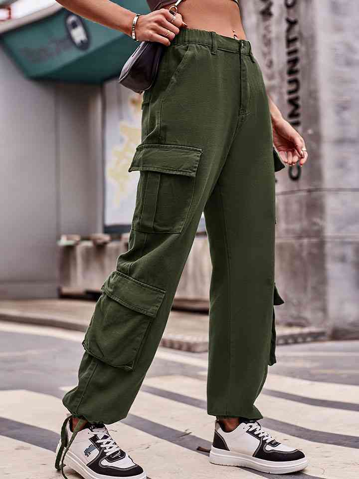 Elastic Waist Cargo Jeans Army Green