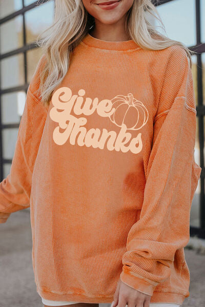 GIVE THANKS Ribbed Round Neck Sweatshirt Sherbet