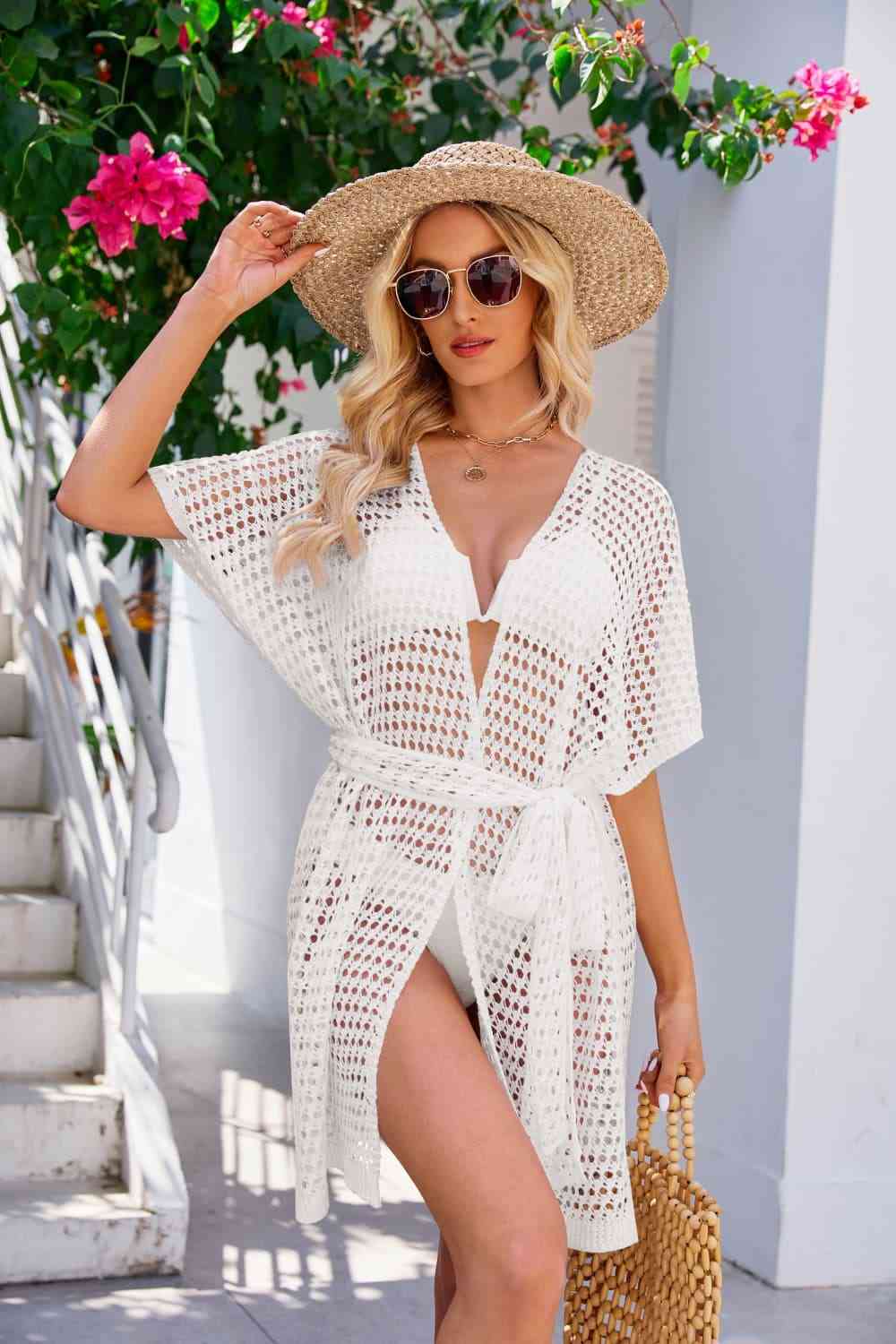 Openwork Tie Waist Cover Up White