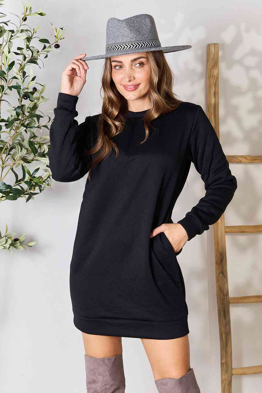 Double Take Round Neck Long Sleeve Mini Dress with Pockets Black