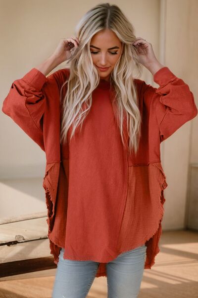 Contrast Texture Round Neck Long Sleeve Blouse Red Orange