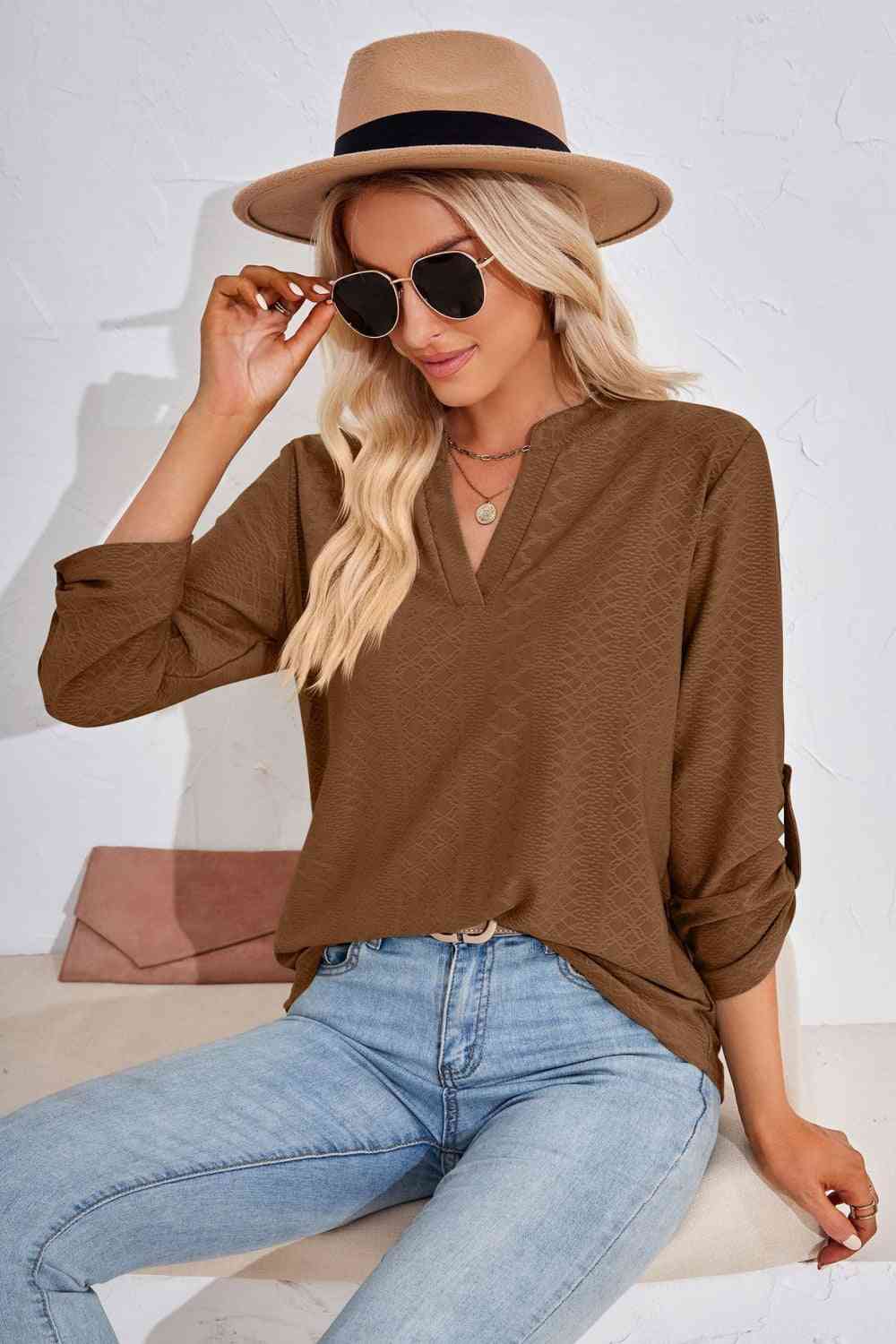 V-Neck Roll-Tap Sleeve Blouse