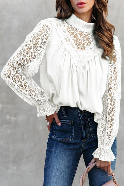 Lace Detail Mock Neck Flounce Sleeve Blouse White