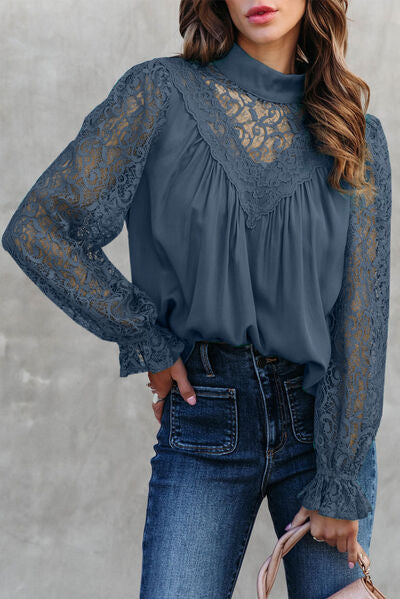 Lace Detail Mock Neck Flounce Sleeve Blouse Dusty Blue