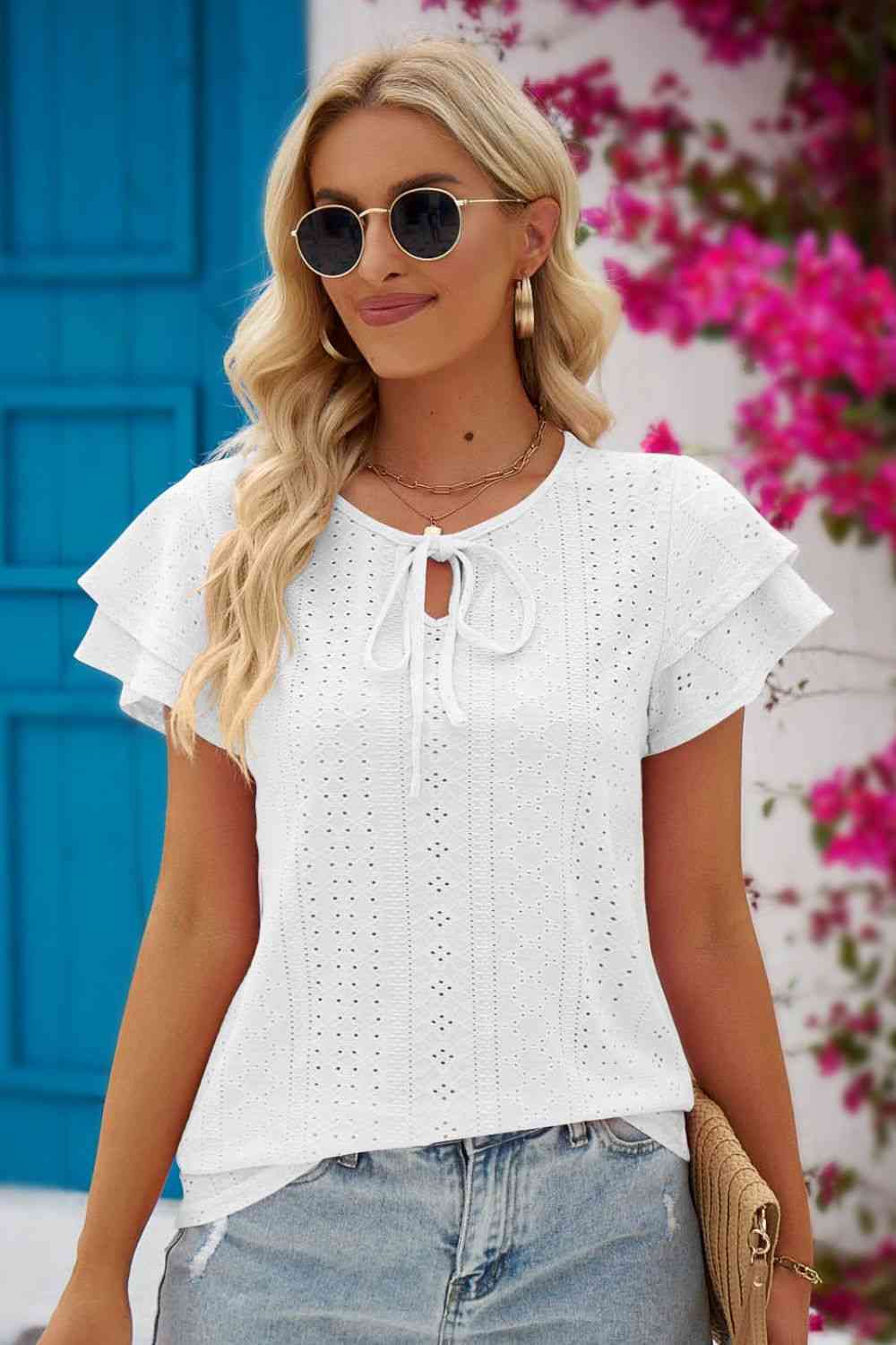 Eyelet Tie-Neck Flutter Sleeve Blouse White