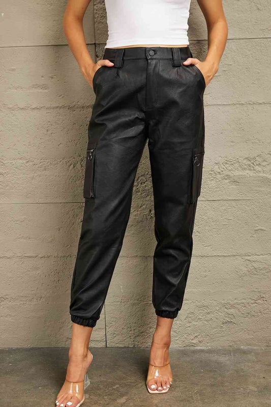 Kancan High Rise Faux Leather Joggers Black