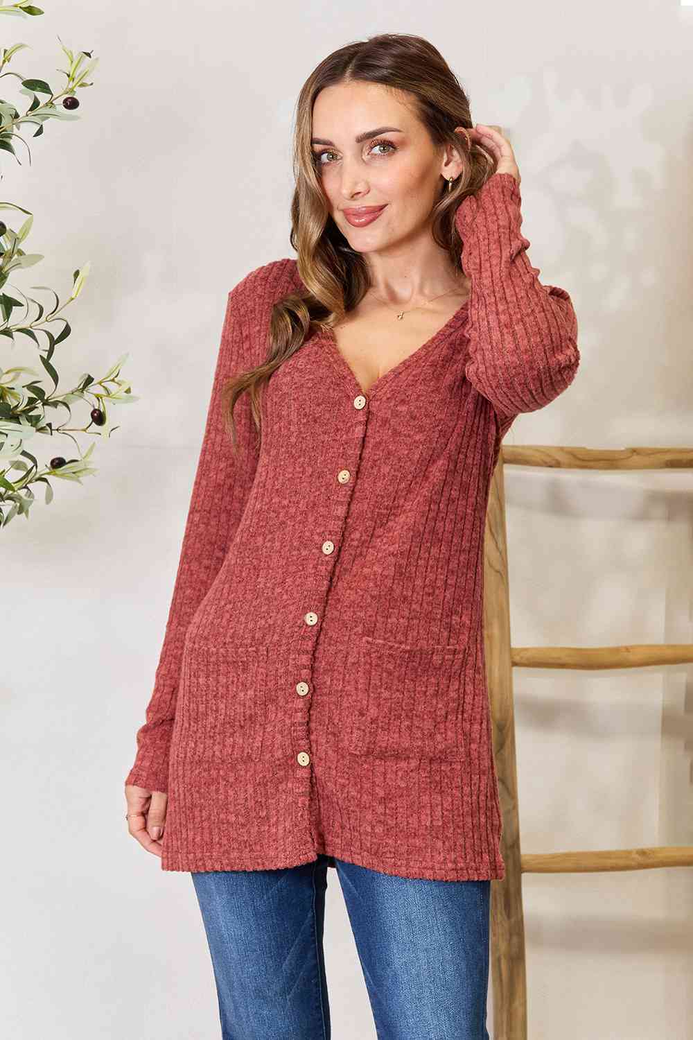 Double Take Ribbed Button-Up Cardigan with Pockets Brick Red