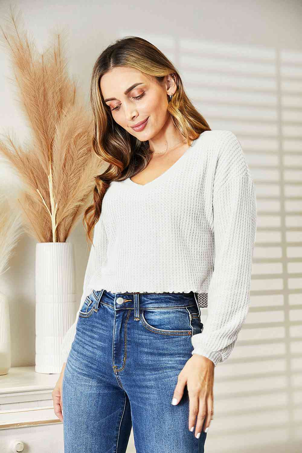 Full Size Waffle-Knit V-Neck Blouse White