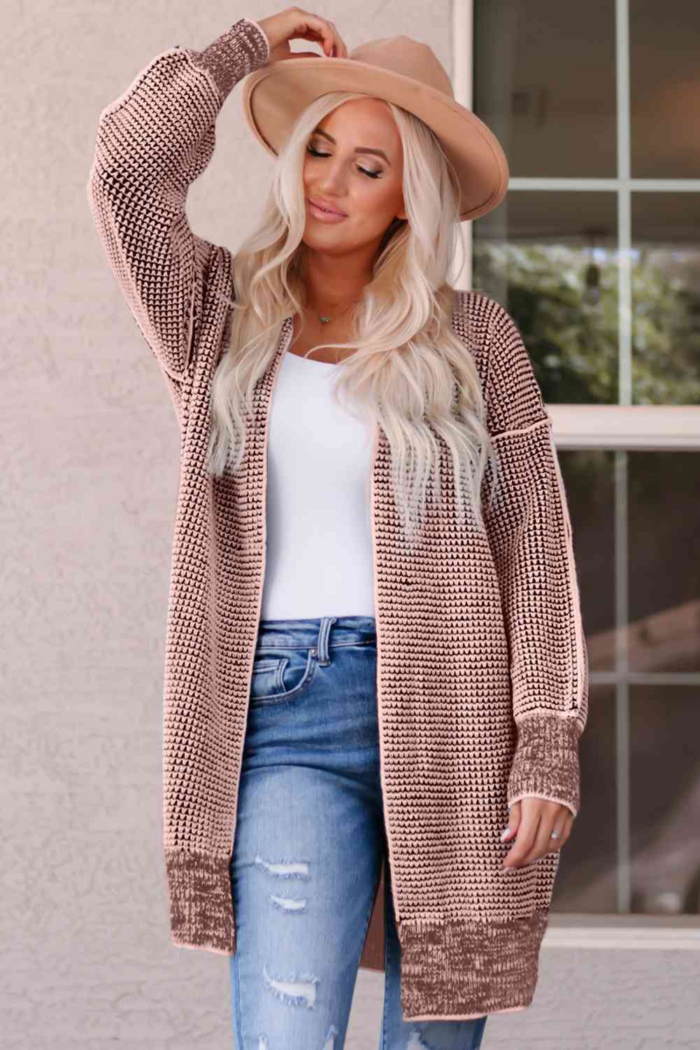 Woven Right Heathered Open Front Longline Cardigan Pink