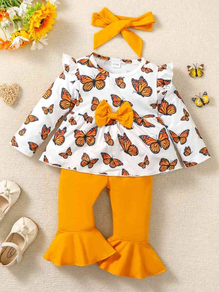 Butterfly Print Top and Pants Set Mustard