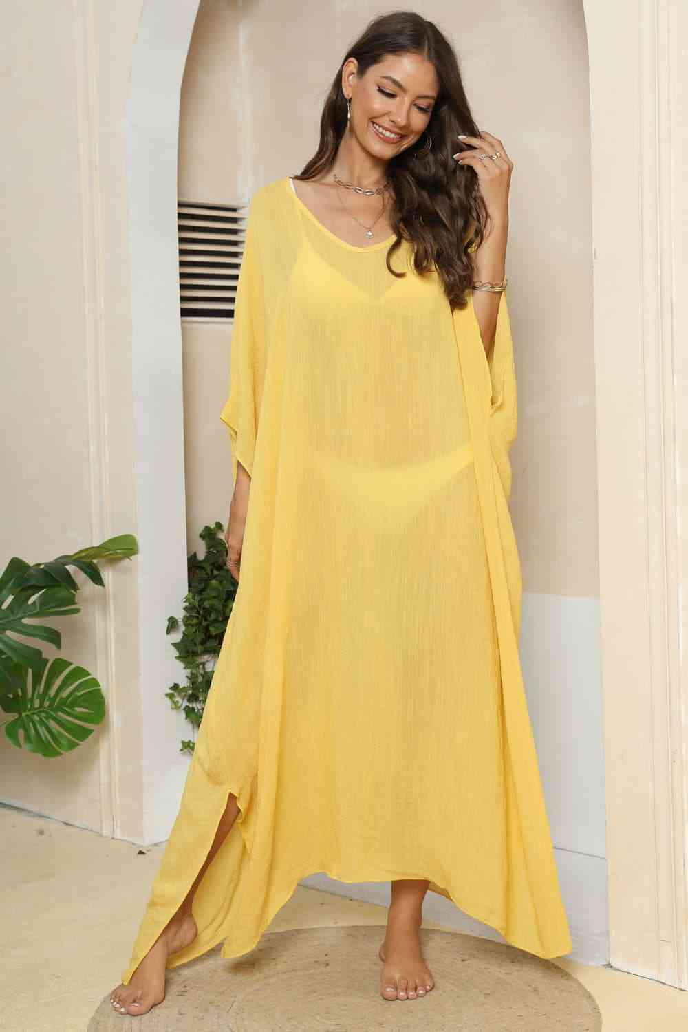 V-Neck Three-Quarter Sleeve Cover-Up Banana Yellow One Size