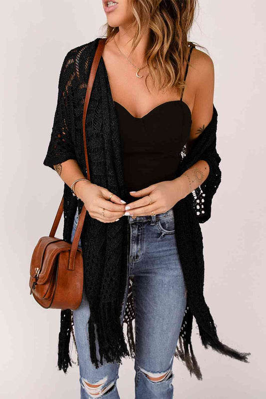 Fringe Hem Slit Open Front Cardigan Black One Size