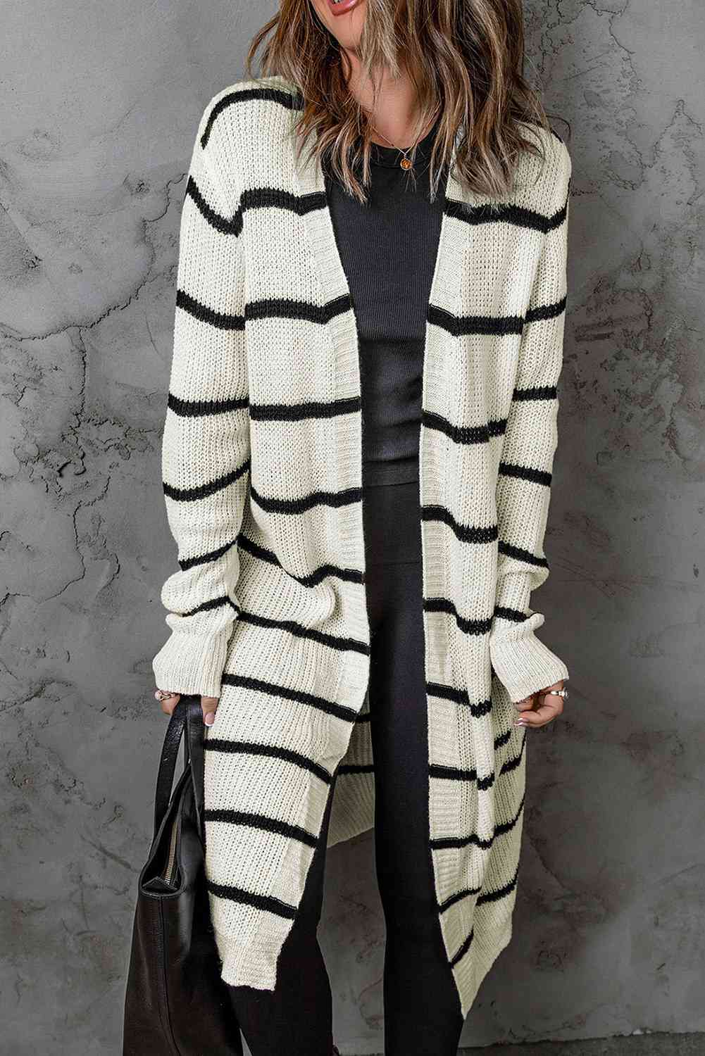 Woven Right Striped Open Front Rib-Knit Duster Cardigan Beige
