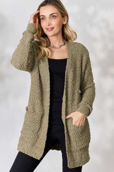 Zenana Falling For You Full Size Open Front Popcorn Cardigan Khaki