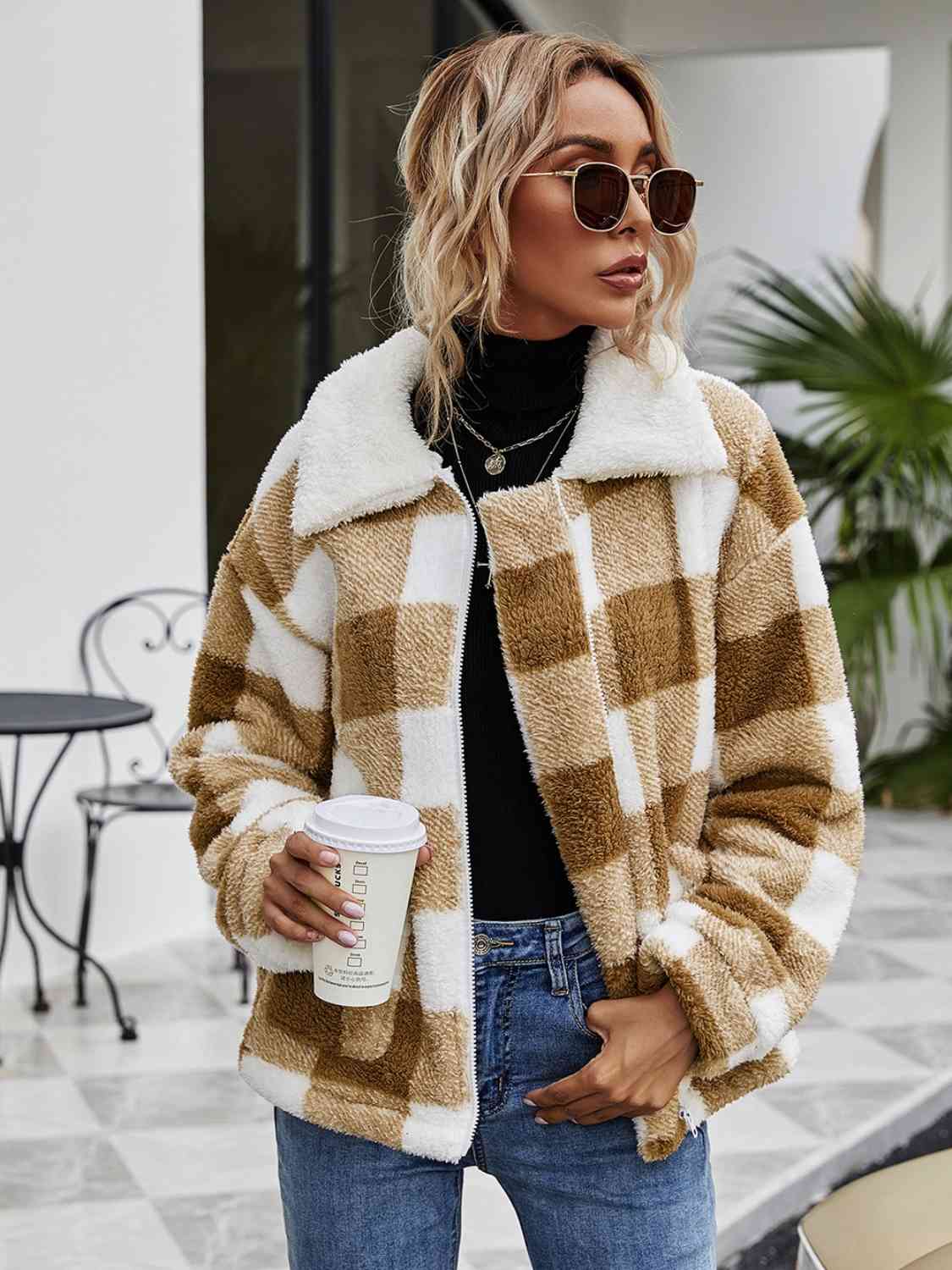 Plaid Zip-Up Collared Jacket Taupe