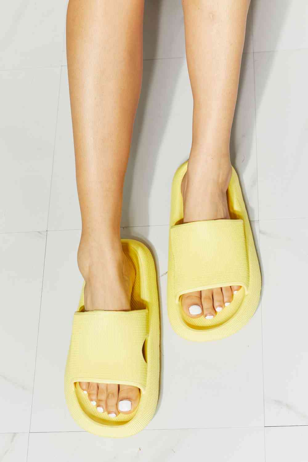 MMShoes Arms Around Me Open Toe Slide in Yellow Canary Yellow