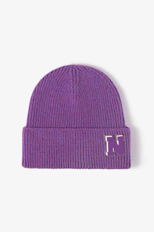 Letter N Patch Cuffed Knit Beanie Purple One Size