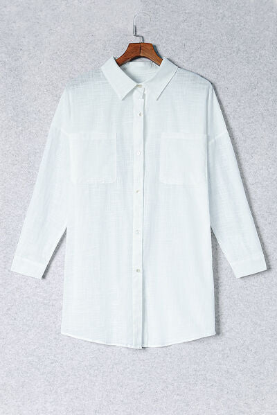 Button-Up Longline Shirt with Breast Pockets White