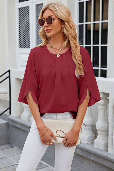 Round Neck Slit Half Sleeve Top Deep Red